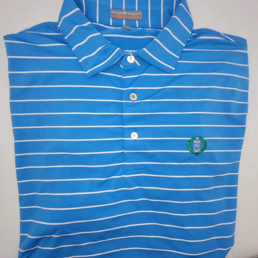 Peter Millar Summer Comfort Blue White Striped Oak Hill CC Golfcore Polo Mens L